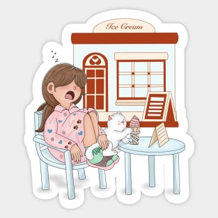 A cute girl falling asleep at an ice cream cafe Sticker